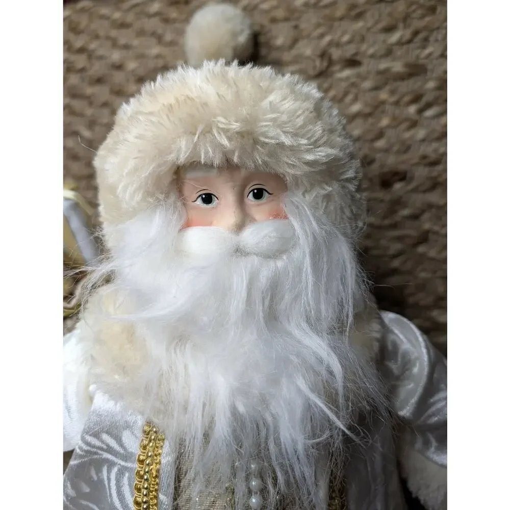 Large Winter White Gold Trim Santa Claus Faux Fur Christmas Holiday Decor 20
